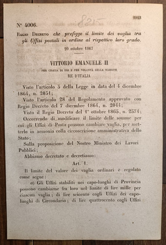 1867 regio decreto vaglia - decreto,
