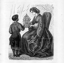 Stampa antica DONNA e RAGAZZINO con GABBIETTA per UCCELLINI 1867 Old print