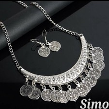 COLLANA DONNA LUNGA ARGENTO BOEMIA BOHO ORECCHINI MONILE PENDENTE ZIRCONI ETNICA