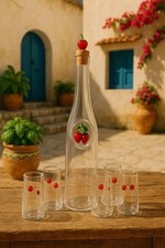Set bottiglia e bicchierini in vetro soffiato con fragoline decorative