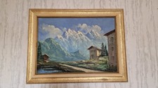 Quadro Dipinto Olio su Tela Paesaggio Montano Alpino XX Secolo Cornice Dorata
