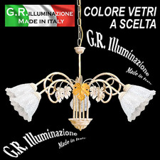 LAMPADARIO IN FERRO BATTUTO 5 L. AVORIO E ORO SOSPENSIONE SALA DA PRANZO Autunno