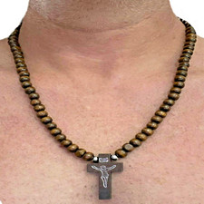 Collana con croce rosario legno da uomo girocollo catenina crocifisso regolabile