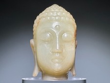 Rara statua Qing Dy vecchia testa di Buddha intagliata in giada (佛头) design "Bai Jian" H 5,5 cm