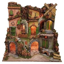 Presepe Borgo stile 700 con mulino a vento e luci 60x40x62 cm