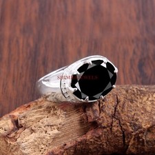 Naturale Onice Nera Gemma Con 14K Placcato Oro Bianco Argento Uomo Anello #408