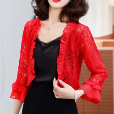 Donna Pizzo Traforato Coprispalle Bolero Puro Ruffles Cappotto Giacca Corto Top