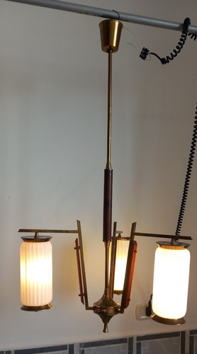 Lampadario anni ottone - ottone, teak