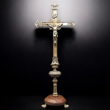 ANTICO CROCIFISSO CROCE PROCESSIONALE ASTILE OTTONE DORATO PRIMI 1900