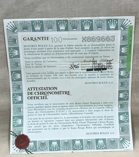Rolex certificate guarantee - certificate,