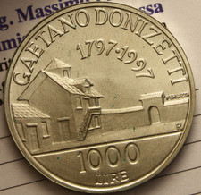NL* ITALIA 1000 Lire ARGENTO 1997 G. DONIZETTI FDC FIOR DI CONIO con lustro