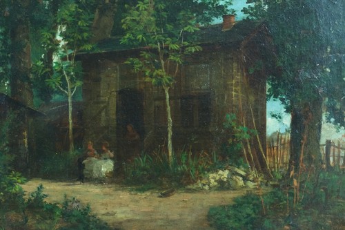 Tableau ancien paysage animé