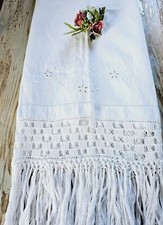 Antico Asciugamano Cotone Ricamato A Mano Pizzo Filet Uncinetto 140x73 cm. 