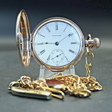 Antico orologio da tasca Waltham 17J Gold Filled Full Hunter, catena, scatola, revisionato
