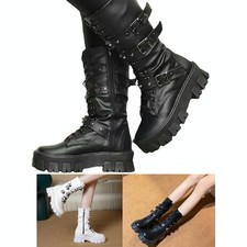 Stivali donna in pelle bianchi con lacci, cerniera e suola spessa, taglia 40