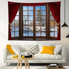 Arazzo invernale finestra legno scena neve per camera da letto collega dormitorio arredo casa