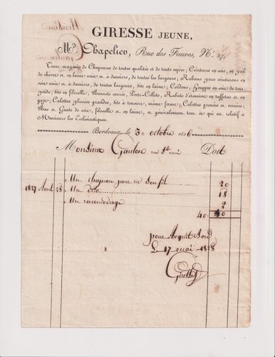 1826 facture gironde - 1826., facture.