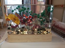 Lampada Resina Epossidica, Luce Calda, Base Legno, Fiori Veri 