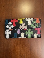 Portafoglio in pelle patch multicolore cuori cromati con ferramenta argento 2 bottoni