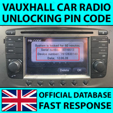 PIN SBLOCCO RADIO VAUXHALL CODICE ASTRA CORSA INSIGNIA ZAFIRA TOUCH & CONNECT