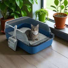 Lettiera Gatti Semi-Chiusa Blu Antispruzzo con Paletta Facile Pulizia 40x28cm