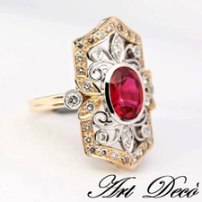 MAGNIFICO ANELLO ART-DECO' cm.2,2ca RUBINO,BRILLANTI,ORO GIALLO/ARGENTO,PREGIATO