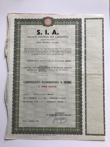 Certificato azionario - s.i.a.,