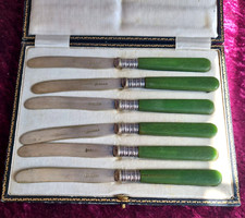 Antique 1880's Set 6 Green Handle TEA/BUTTER KNIVES by Elkington & Co Birmingham