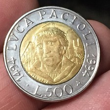 MONETA 500 LIRE 1994 - LUCA PACIOLI - REPUBBLICA ITALIANA BIMETALLICA