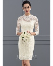 Abito da sposa tubino/colonna collo alto lunghezza ginocchio pizzo, taglia...