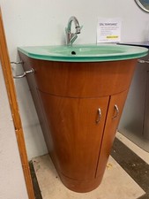 MOBILE BAGNO  ARTIGIANALE IN MULTISTRATO MARINO CURVATO A CALDO, LAVABO IN VETRO