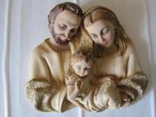 Capoletto capezzale antico scultura sacra famiglia in gesso dipinto a mano '900
