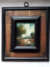 Antico dipinto quadro olio su rame Ramina cornice Epoca Paesaggio  26x23 Cm