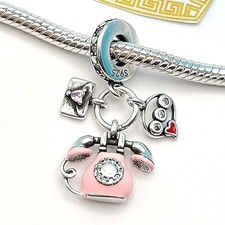 Charm argento 925 telefono lettera rosa nuovetta cuoricino cuore love 