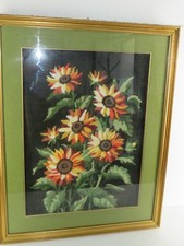 vecchio quadro ricamo a mano in cornice composizione FLORALE FIORI girasoli di