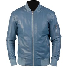 Giubbotto bomber uomo blu vera pelle di agnello casual stile moto biker