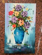 Dipinto su cartone telato "Vaso Blu con Fiori" - Acrilico
