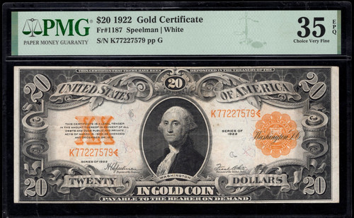 1922 certificato oro pmg - 1922, $20