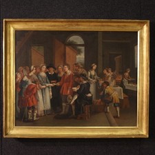 Grande quadro francese matrimonio scena di genere olio dipinto tela XIX secolo