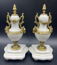 Vaso Coppia Camino Soprammobile Francese marmo bianco ottone lavorato