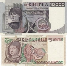 LOTTO 2 BANCONOTE LIRE REP.  ITALIANA 10000 DEL CASTAGNO L.5000 ANTONELLO FDS