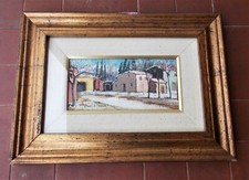 Quadro olio PAOLO TOSCHI Paesaggio villaggio 20x10 Mare strappo d'affresco