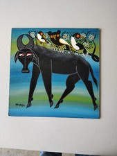 Mponda, Tanzania, Tinga Tinga, dipinto su tavola, uccellini e bisonti, arte popolare quercia