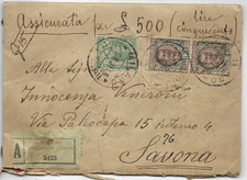 ASSICURATA lire 500  1921 Affr.  5c Leoni + 2 x 1 l. floreale