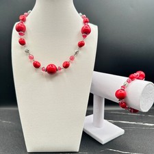 Set Bracciale Collana Vintage Guess Vetro Rosso Cristallo Rosa Perline Tono Argento