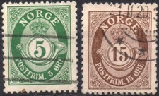 NORVEGIA 1909/1920 - Usati 5 verde 15 marrone Øre Corno postale D. 14½x13½ #NOV