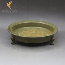10.2" Chinese Han Porcelain The Kiln Green Glaze Animal Phoenix Tripodia Plate