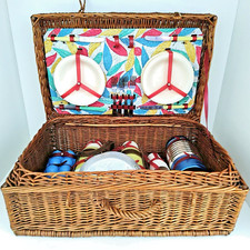 Valigia Cesta Vimini Vecchia Kit Picnic Anni 50 60 Vintage per 4 Persone Buona