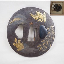 Gru tartaruga tsuba intarsiata oro argento periodo Edo design pino bambù in scatola