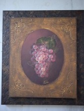 QUADRO uva frutta etnico dipinto su tela cornice legno marrone sfumato 62x72 CM